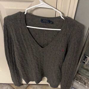 Polo by Ralph Lauren Charcoal Cable-Knit V-Neck Sweater with Pink Pony
